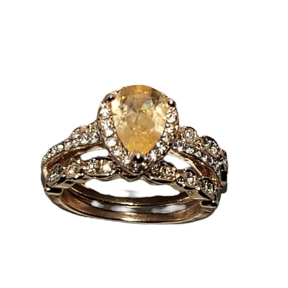 Three Ring Simulated Morganite Pear Round White Cubic Zirconia Ring Set - Picture 6 of 7